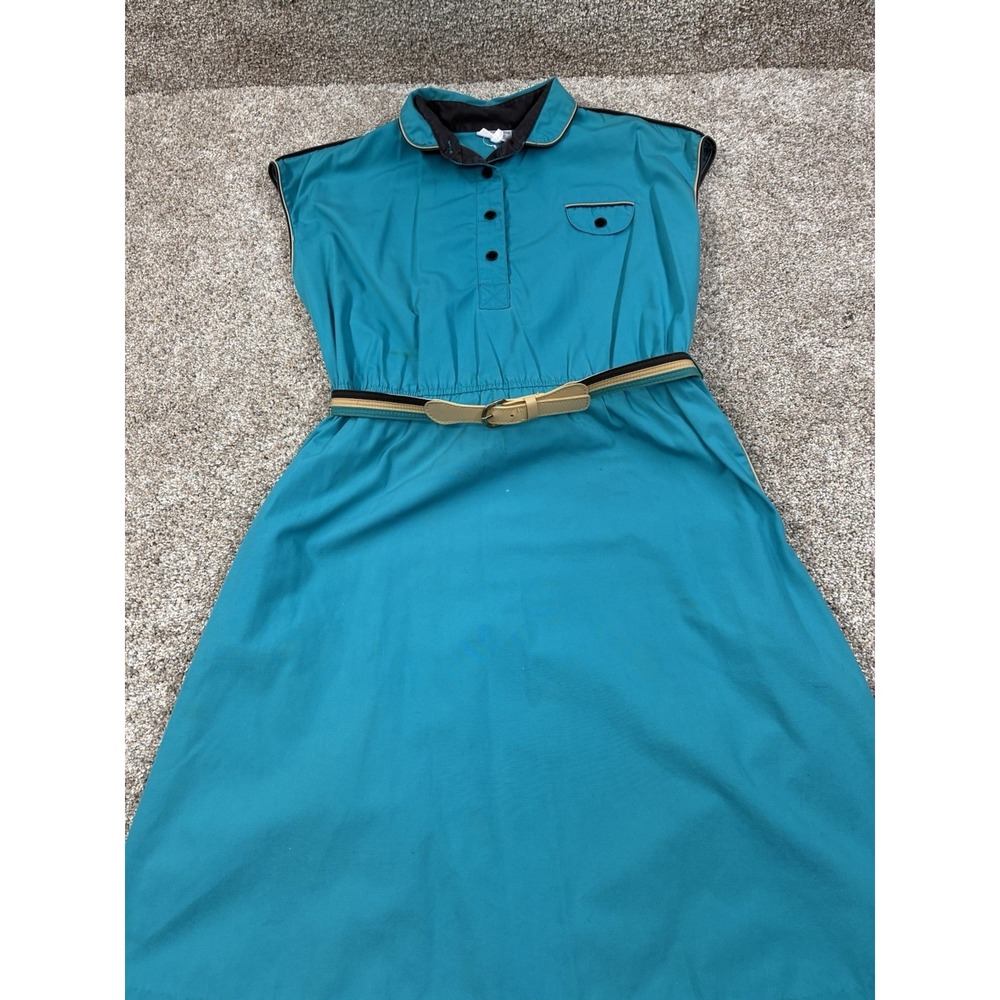 MISS JONI CALIFORNIA -Vtg 70s Teal Belted Sleeveless Button Up Dress Sz 16 #0081